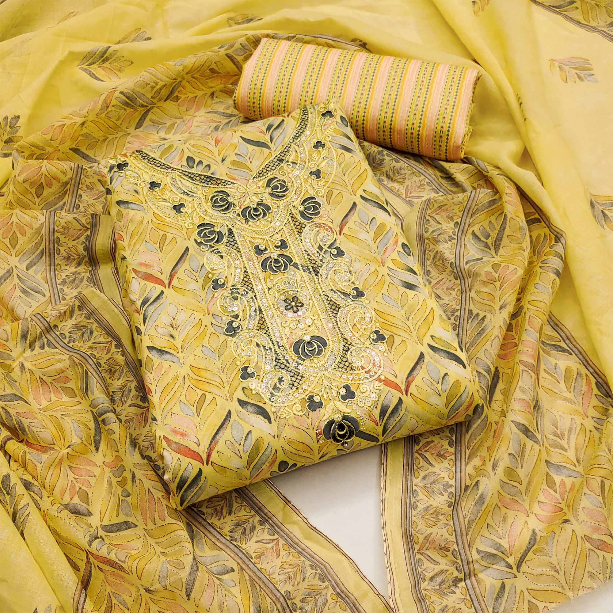 Yellow Printed With Embroidery Pure Cotton Dress Material
