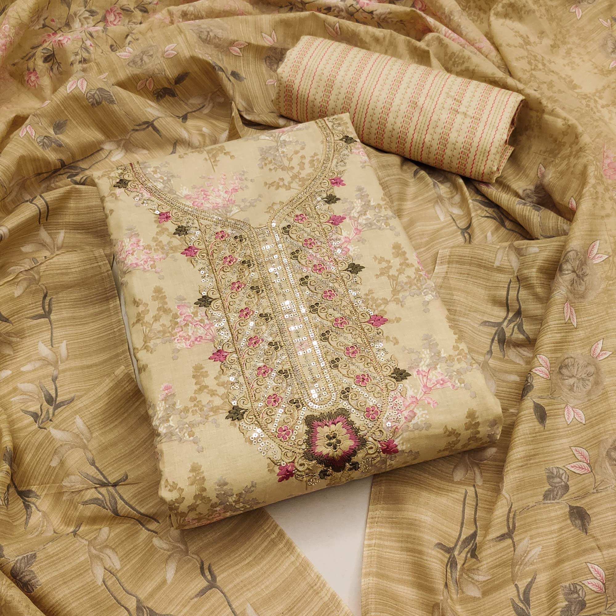Cream Floral Printed With Embroidery Pure Cotton Dress Material