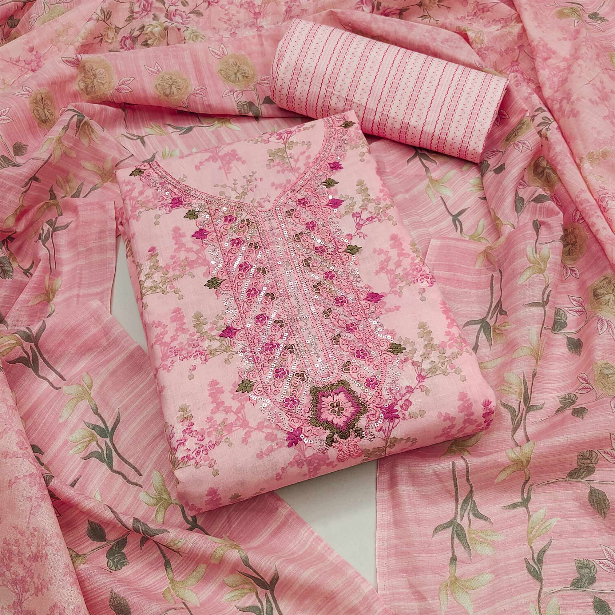 Pink Floral Printed With Embroidery Pure Cotton Dress Material