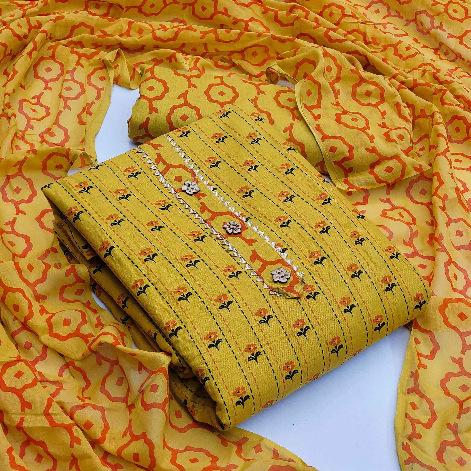 Yellow Floral Printed Cotton Blend Dress Material