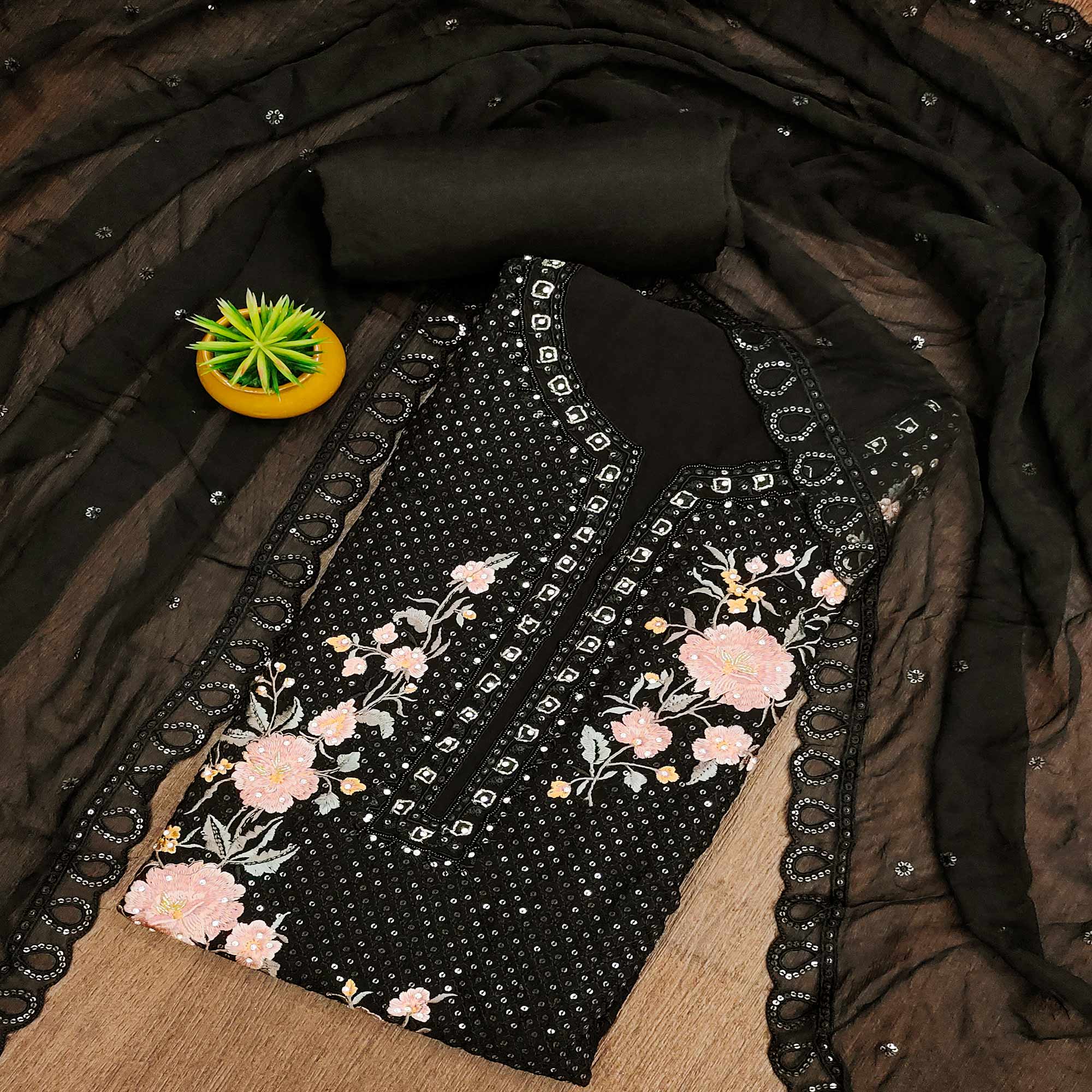 Black Floral Sequins Embroidered Georgette Dress Material