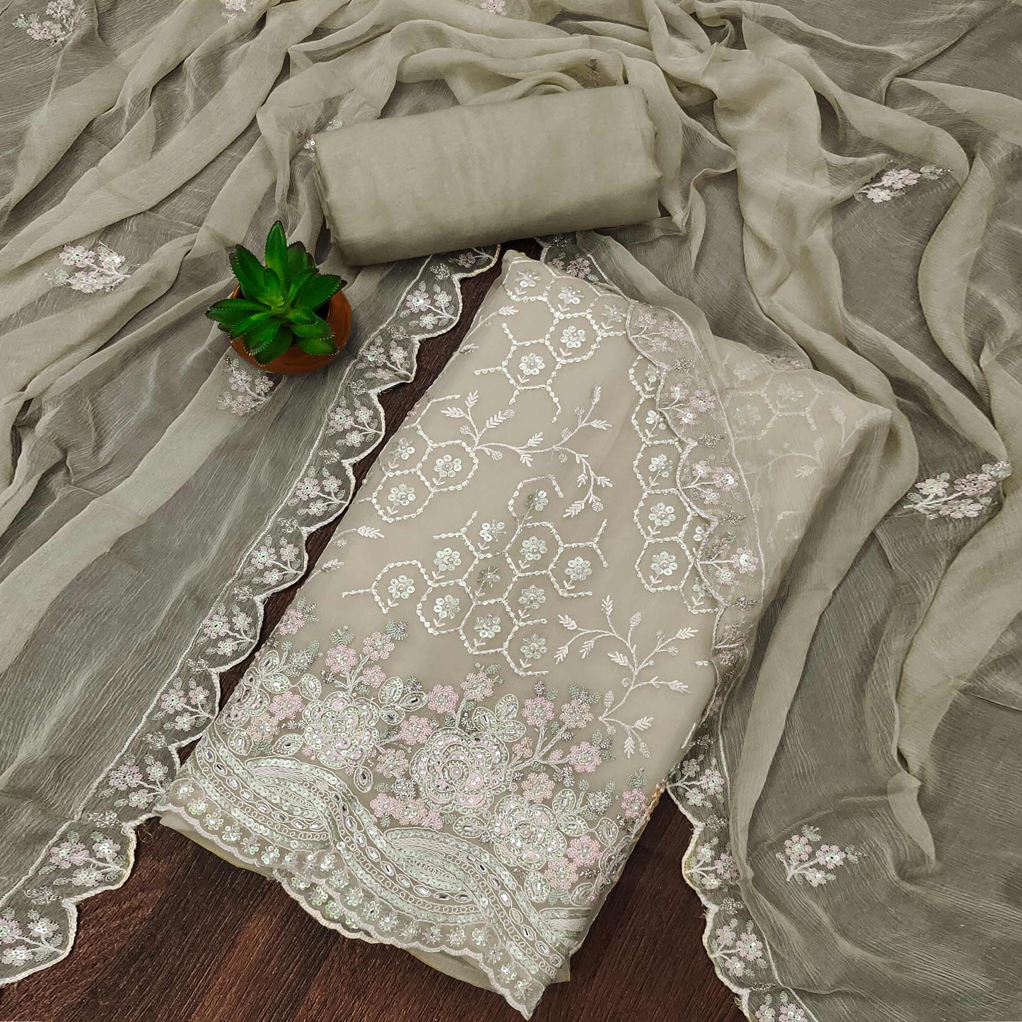Pale Yellow Floral Sequins Embroidered Organza Dress Material