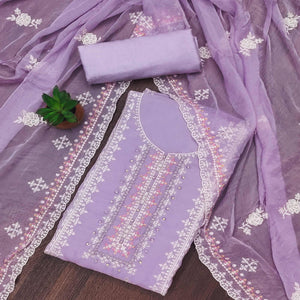 Purple Floral Embroidered Organza Dress Material