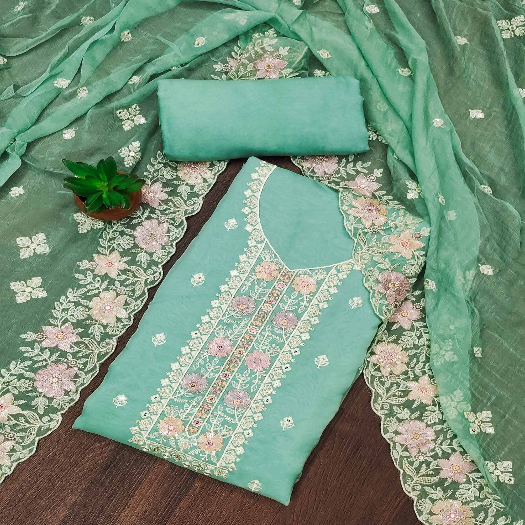 Turquoise Floral Embroidered Organza Dress Material