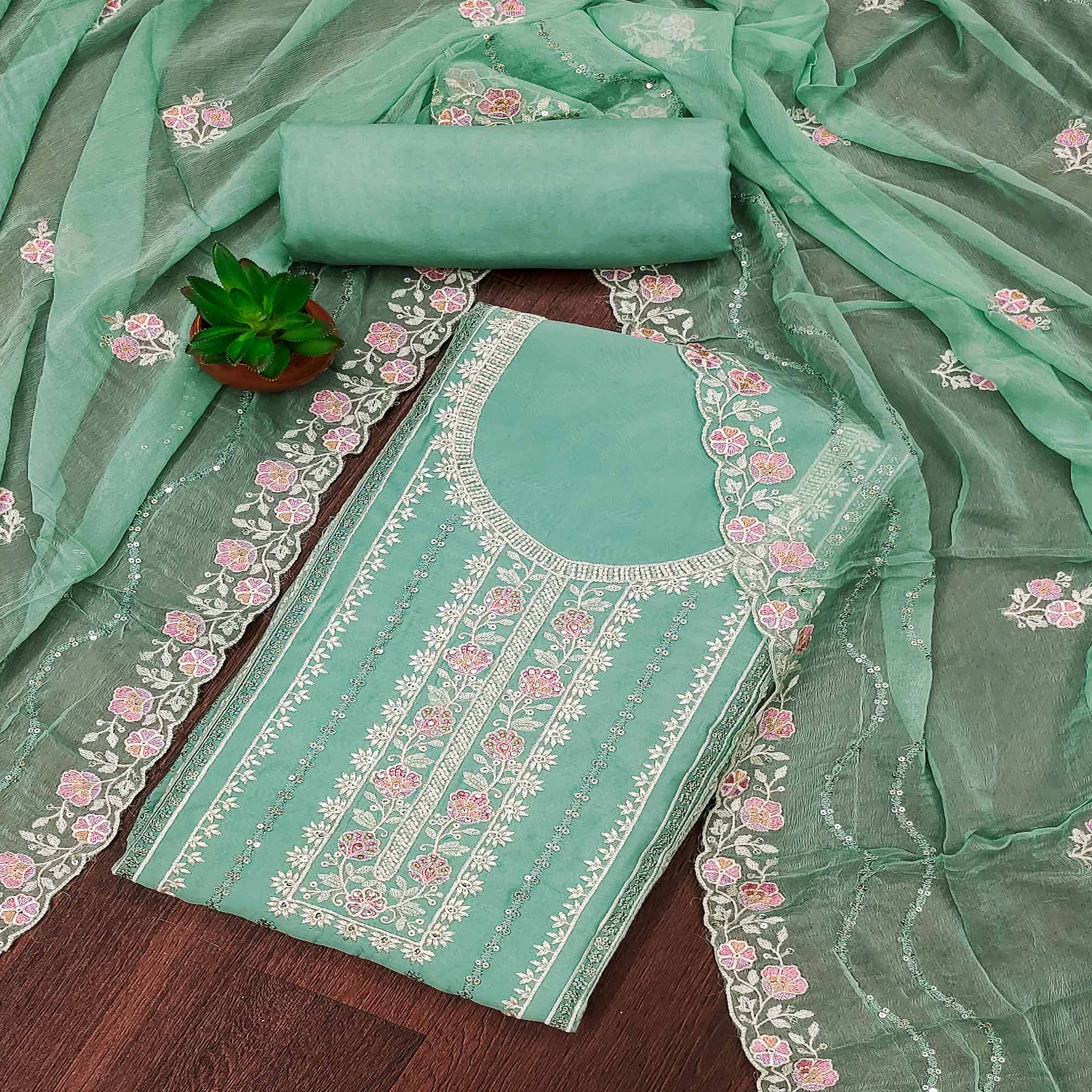 Turquoise Floral Sequins Embroidered Organza Dress Material