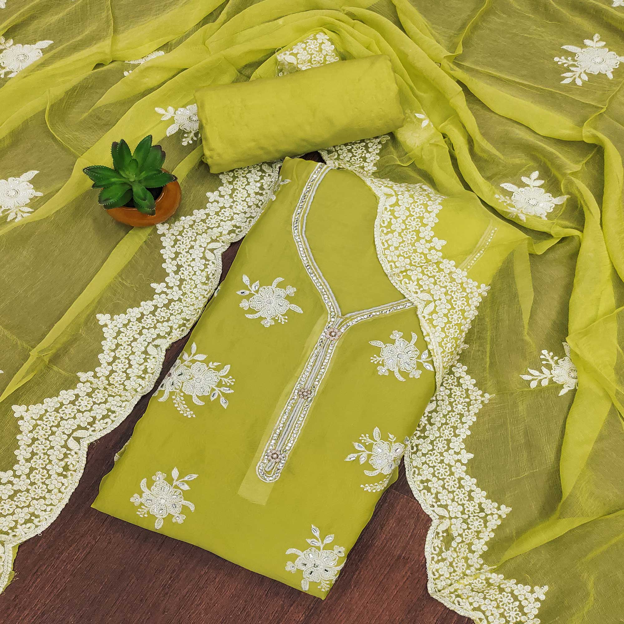 Green Floral Mirror Embroidered Organza Dress Material