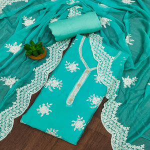 Turquoise Floral Mirror Embroidered Organza Dress Material