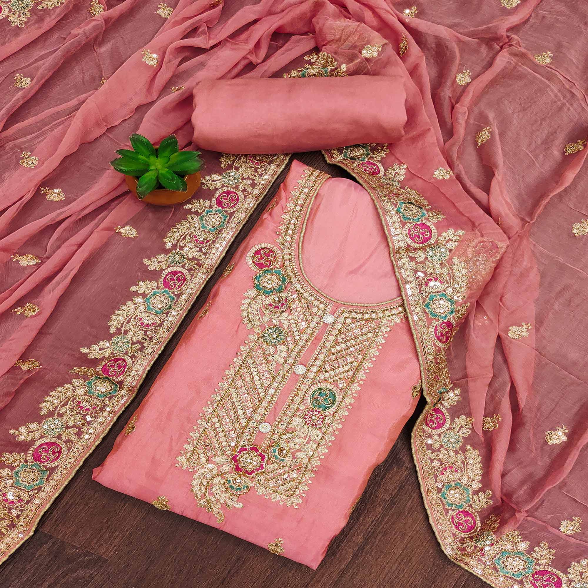 Pink Floral Sequins Embroidered Organza Dress Material