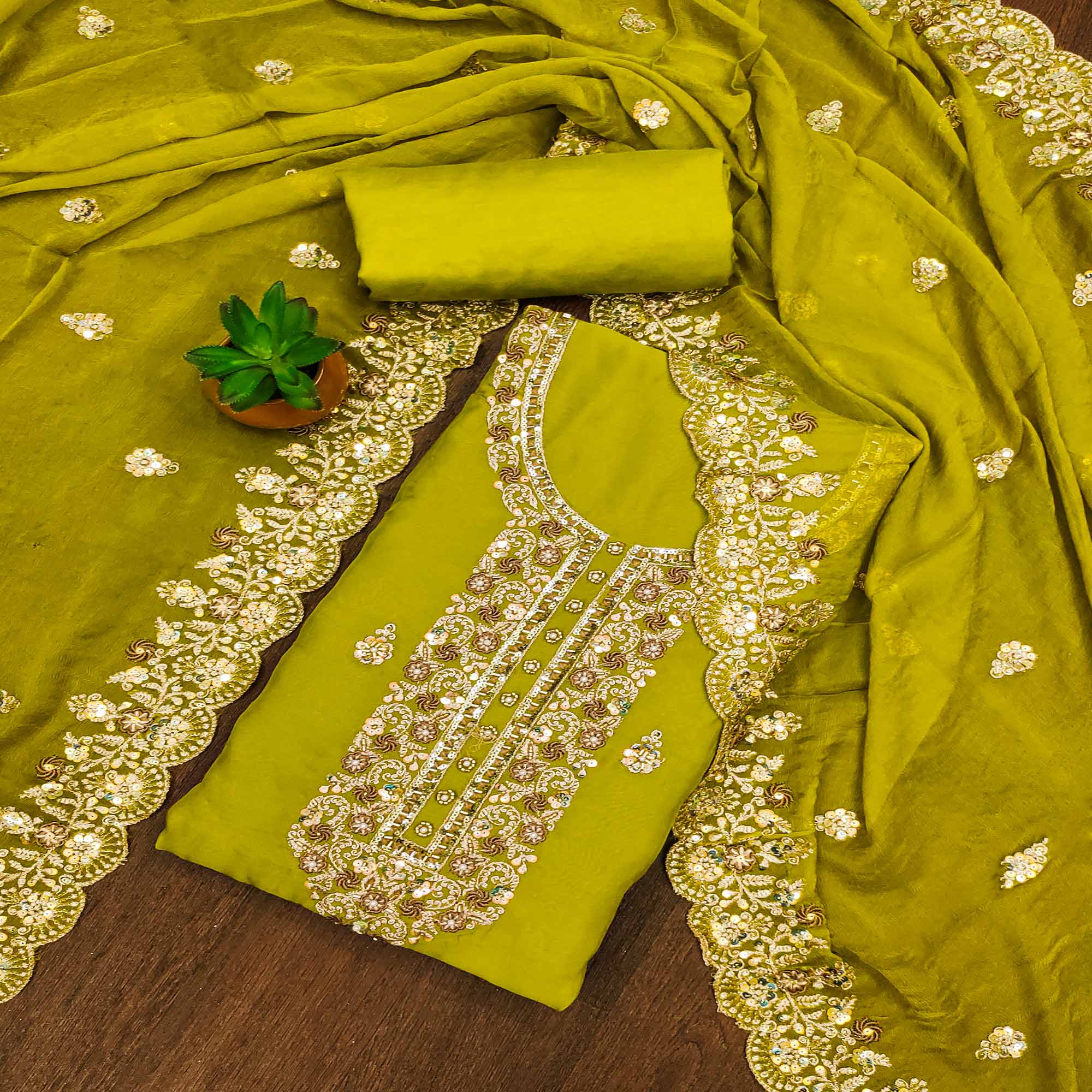 Green Embroidered Organza Dress Material
