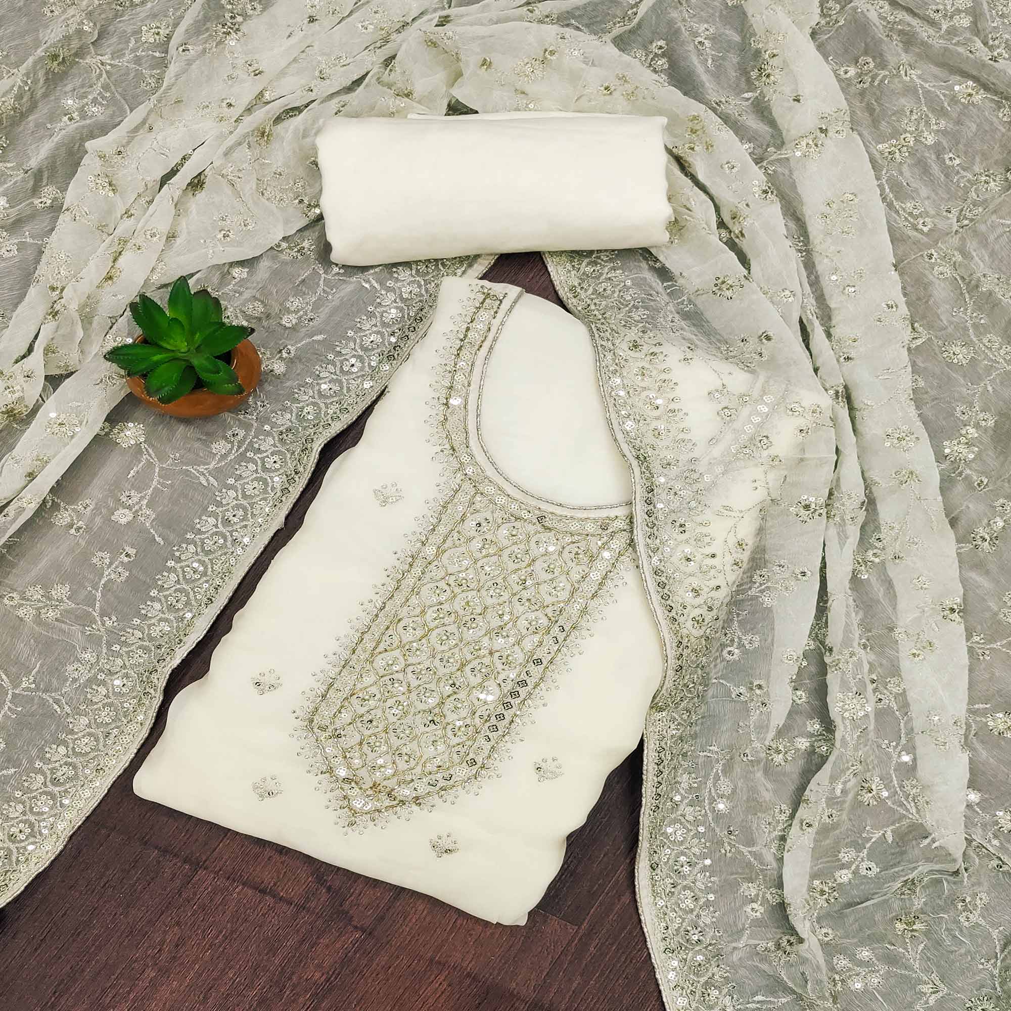 White Embroidered Organza Dress Material