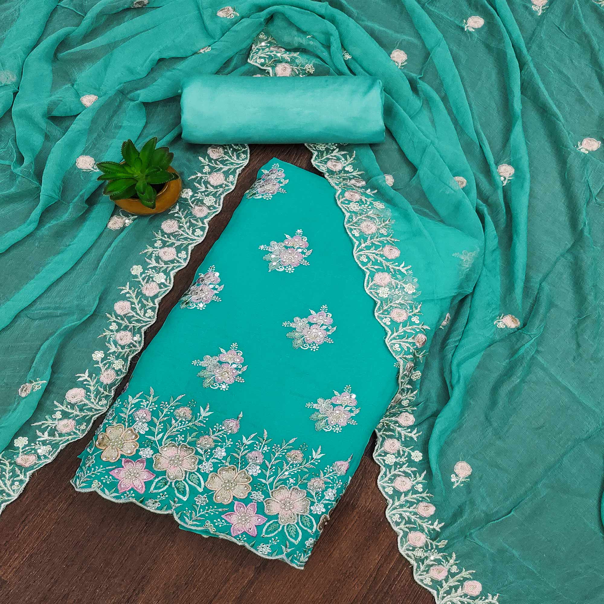 Turquoise Floral Embroidered Organza Dress Material