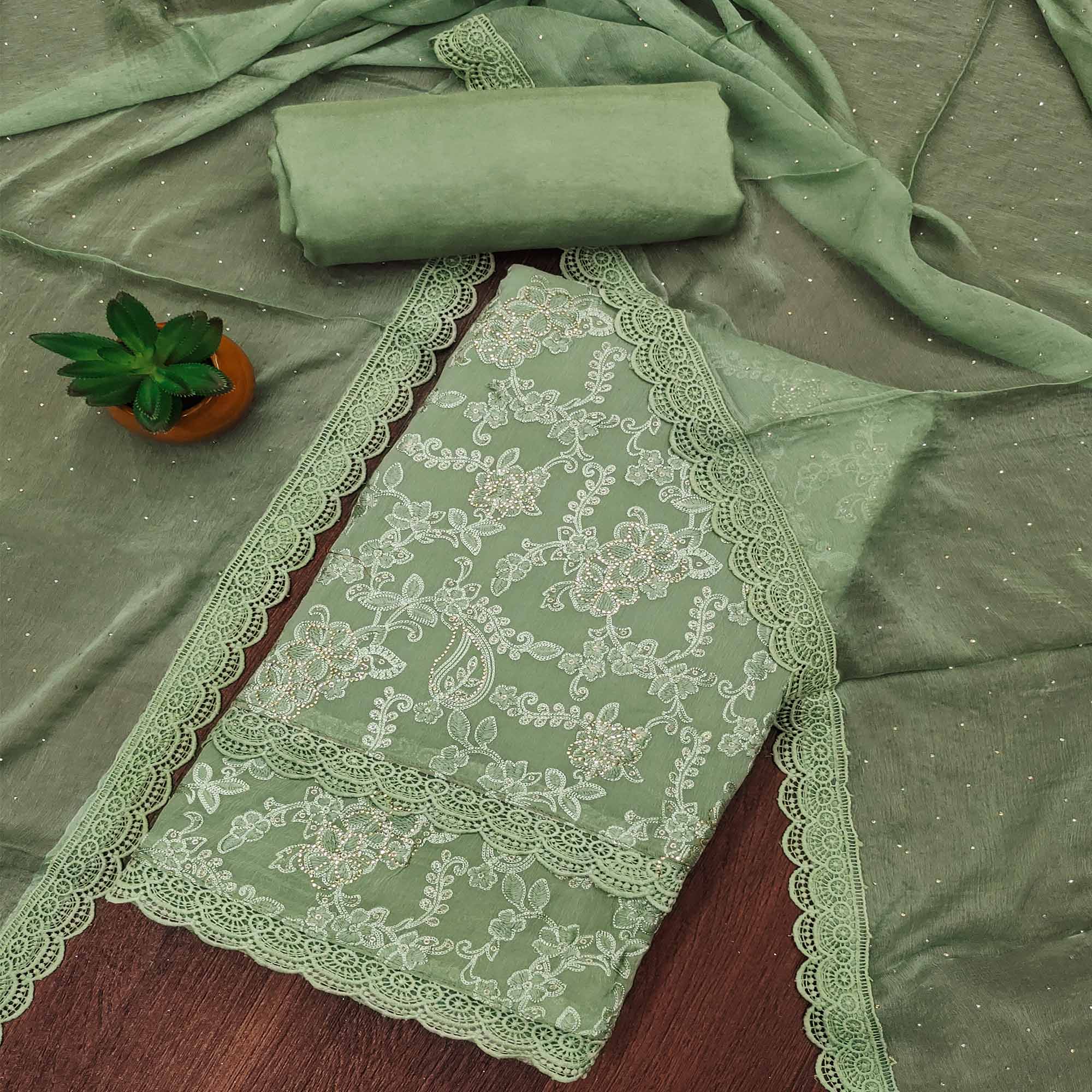 Green Floral Embroidered With Stonework Chiffon Dress Material