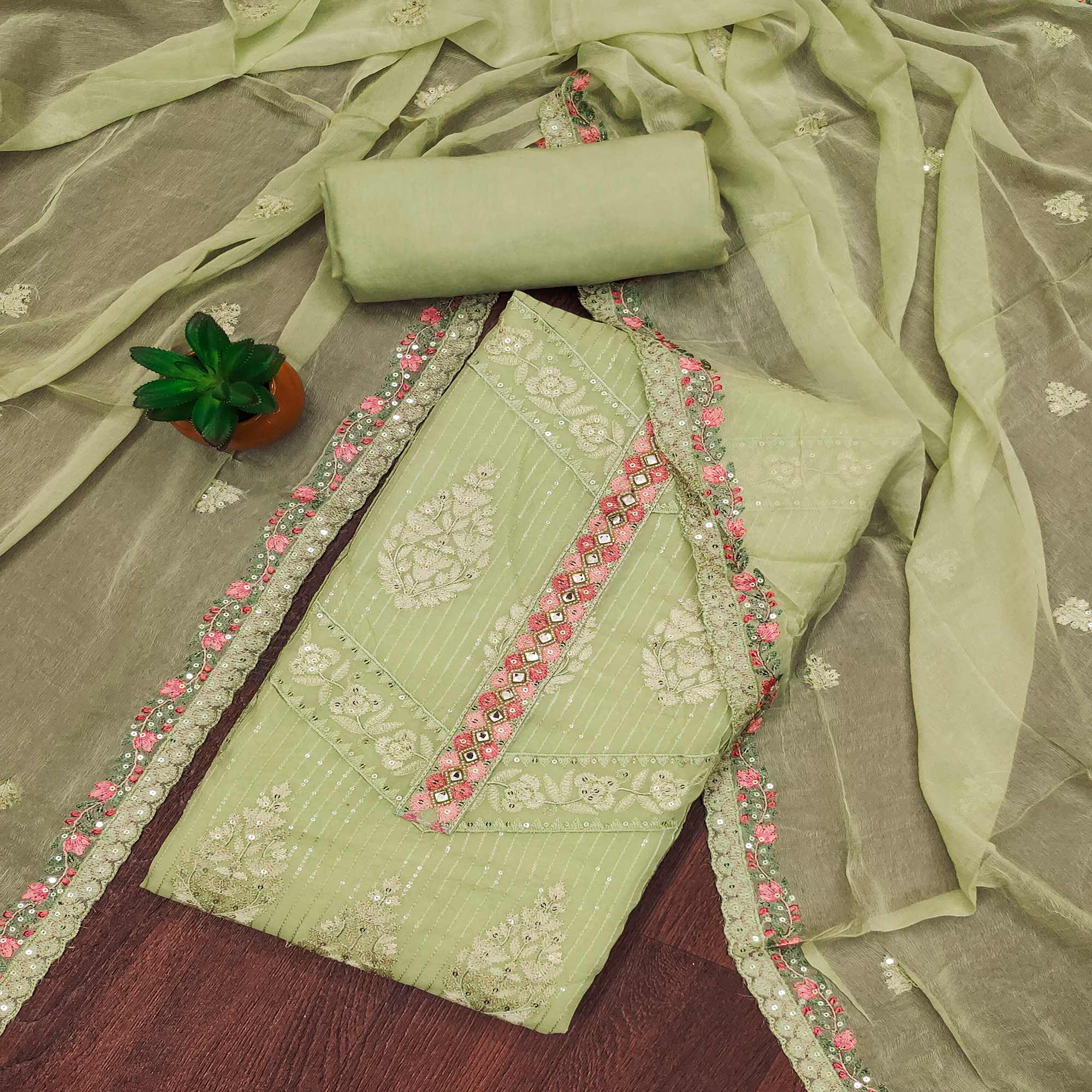 Green Floral Sequins Embroidered Organza Dress Material