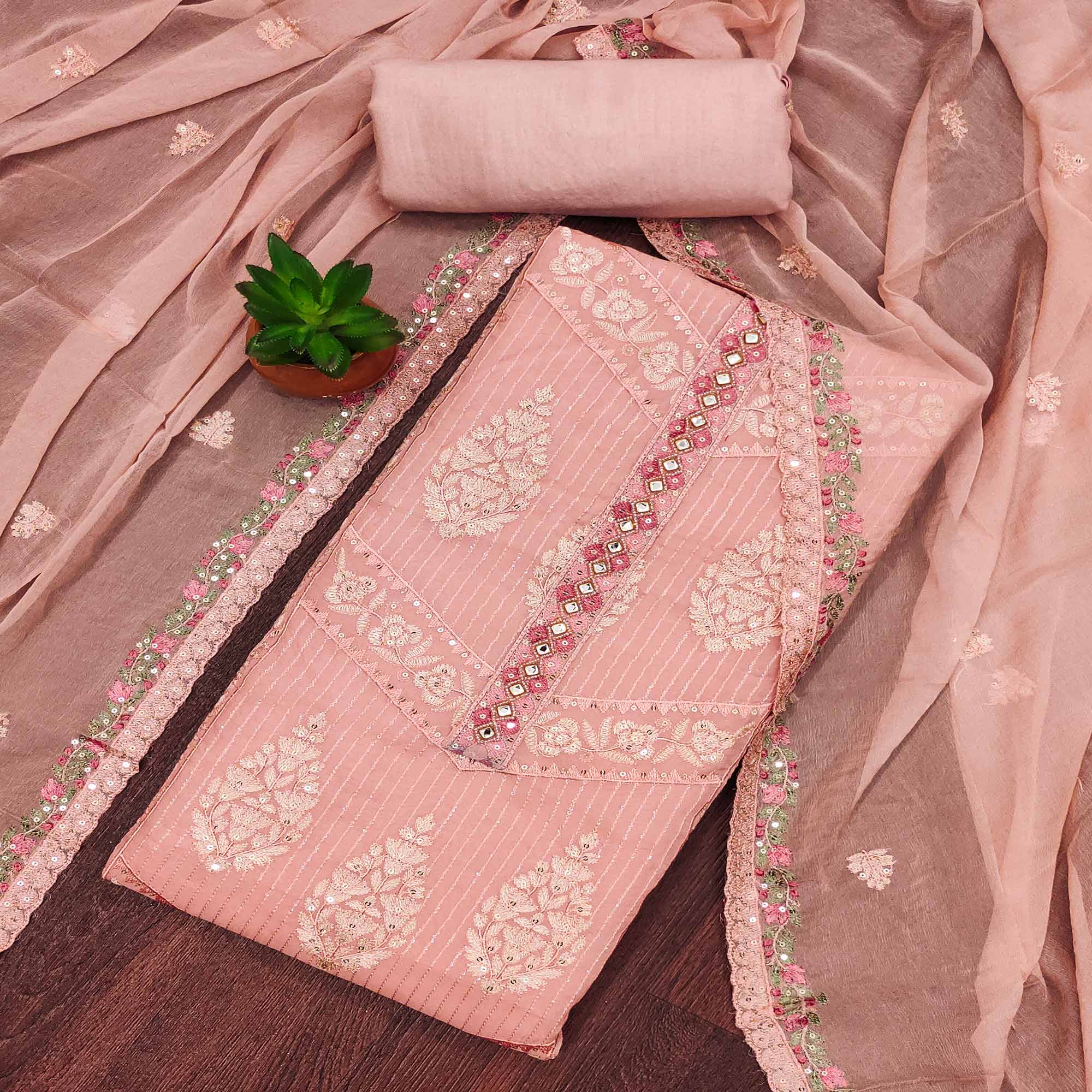 Peach Floral Sequins Embroidered Organza Dress Material