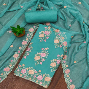 Rama Green Floral Embroidered With Stonework Chiffon Dress Material