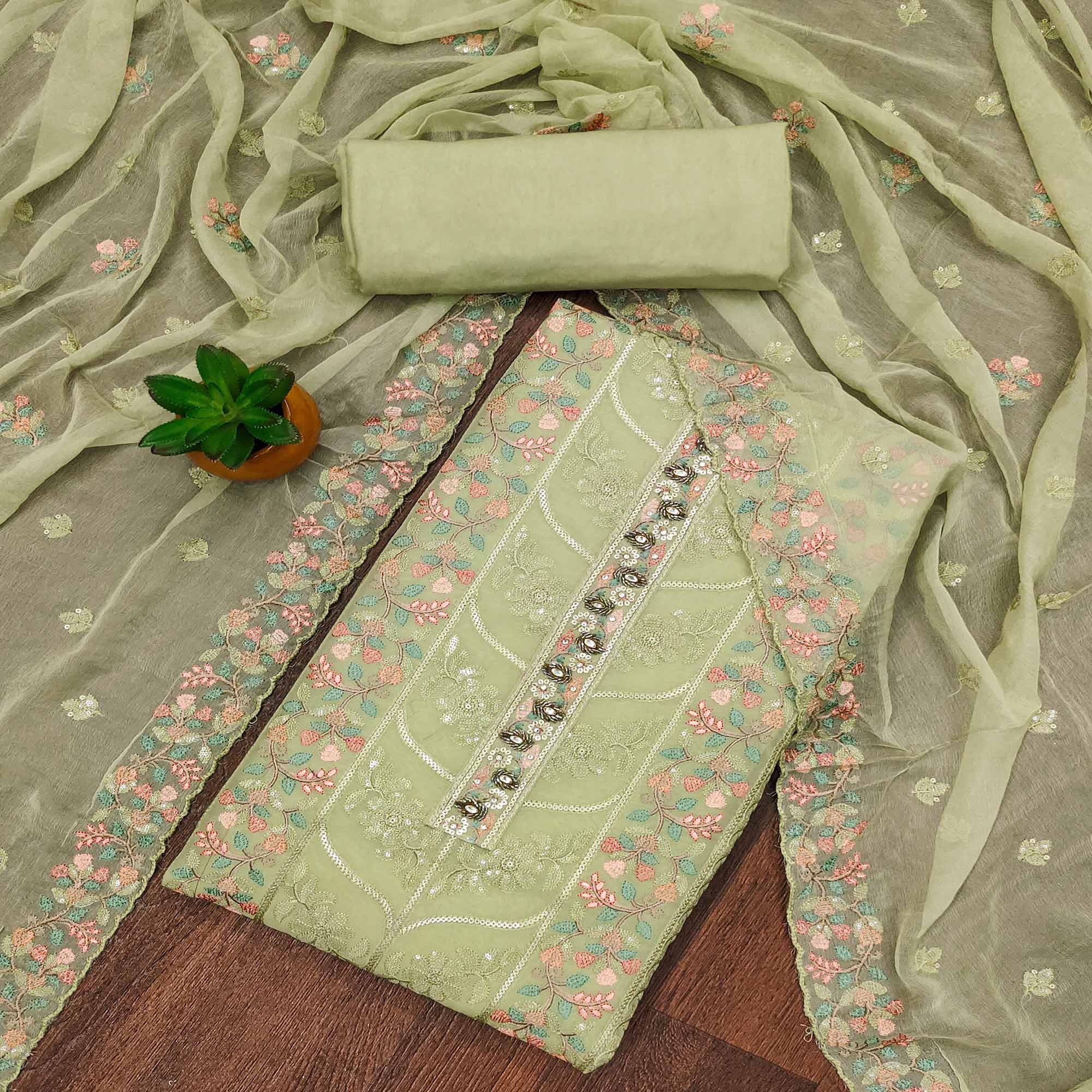 Green Floral Sequins Embroidered Organza Dress Material
