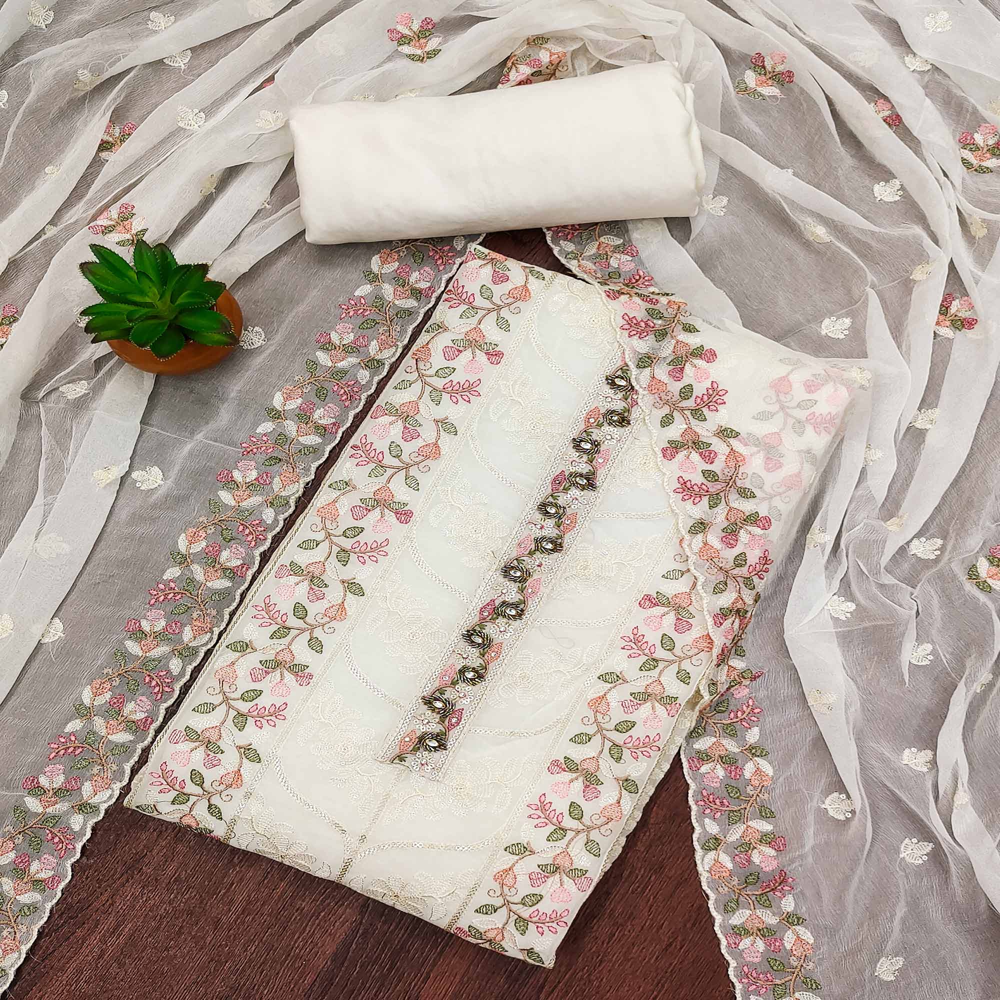 Offwhite Floral Sequins Embroidered Organza Dress Material