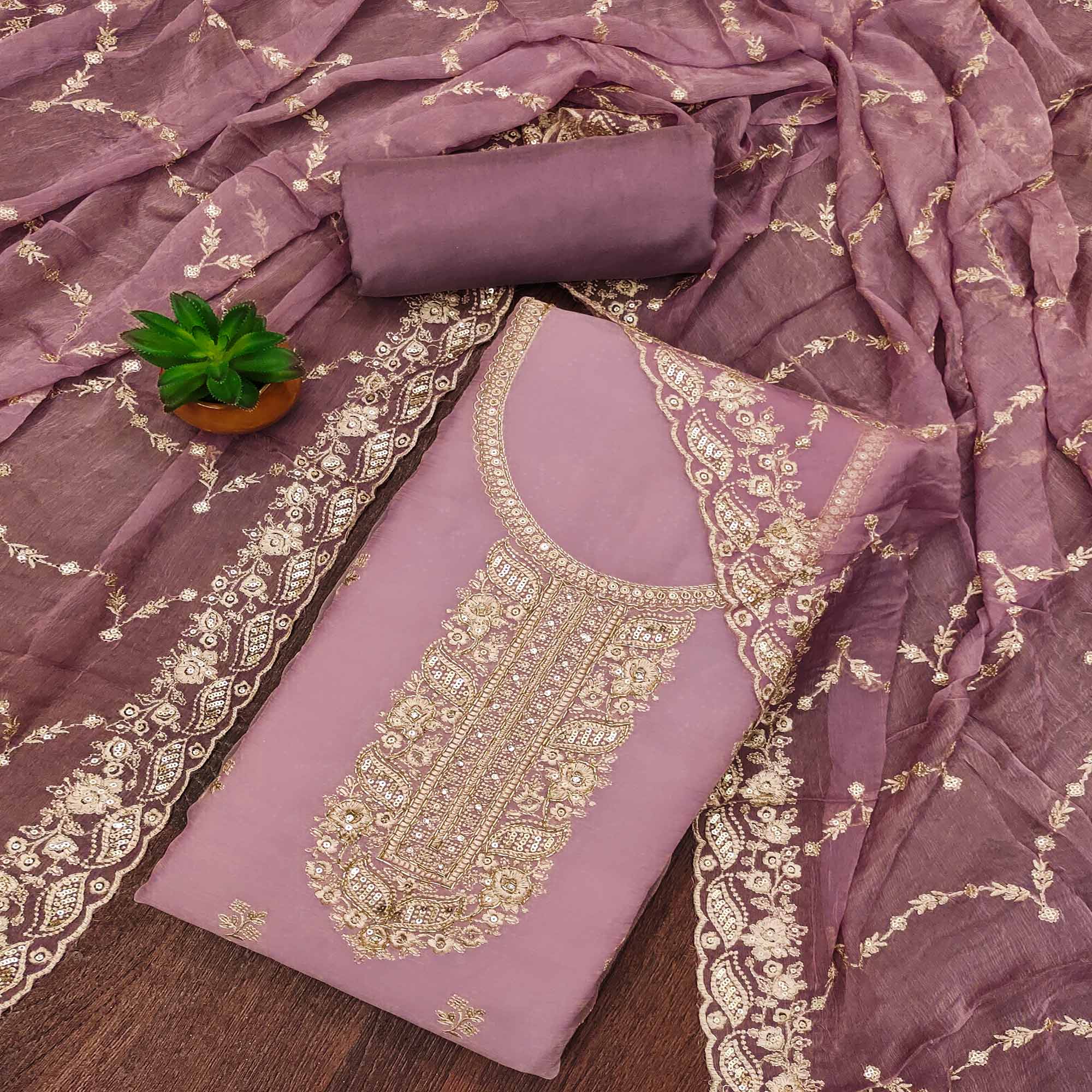Purple Floral Sequins Embroidered Chiffon Dress Material