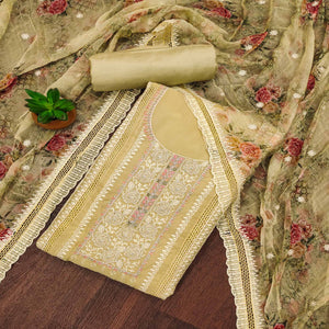 Beige Floral Hand Embroidered Organza Dress Material