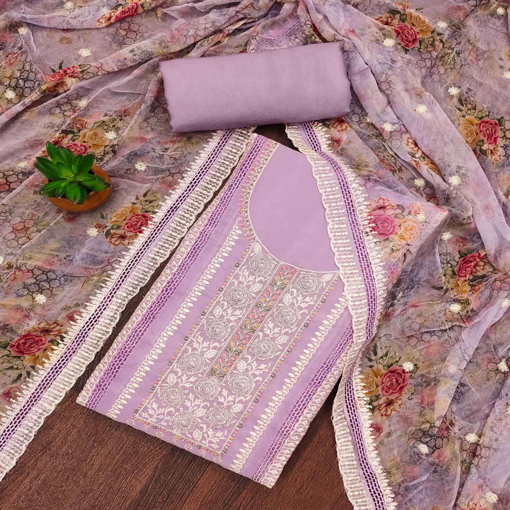 Purple Floral Hand Embroidered Organza Dress Material