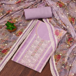 Purple Floral Hand Embroidered Organza Dress Material