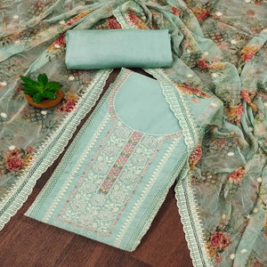 Turquoise Floral Hand Embroidered Organza Dress Material