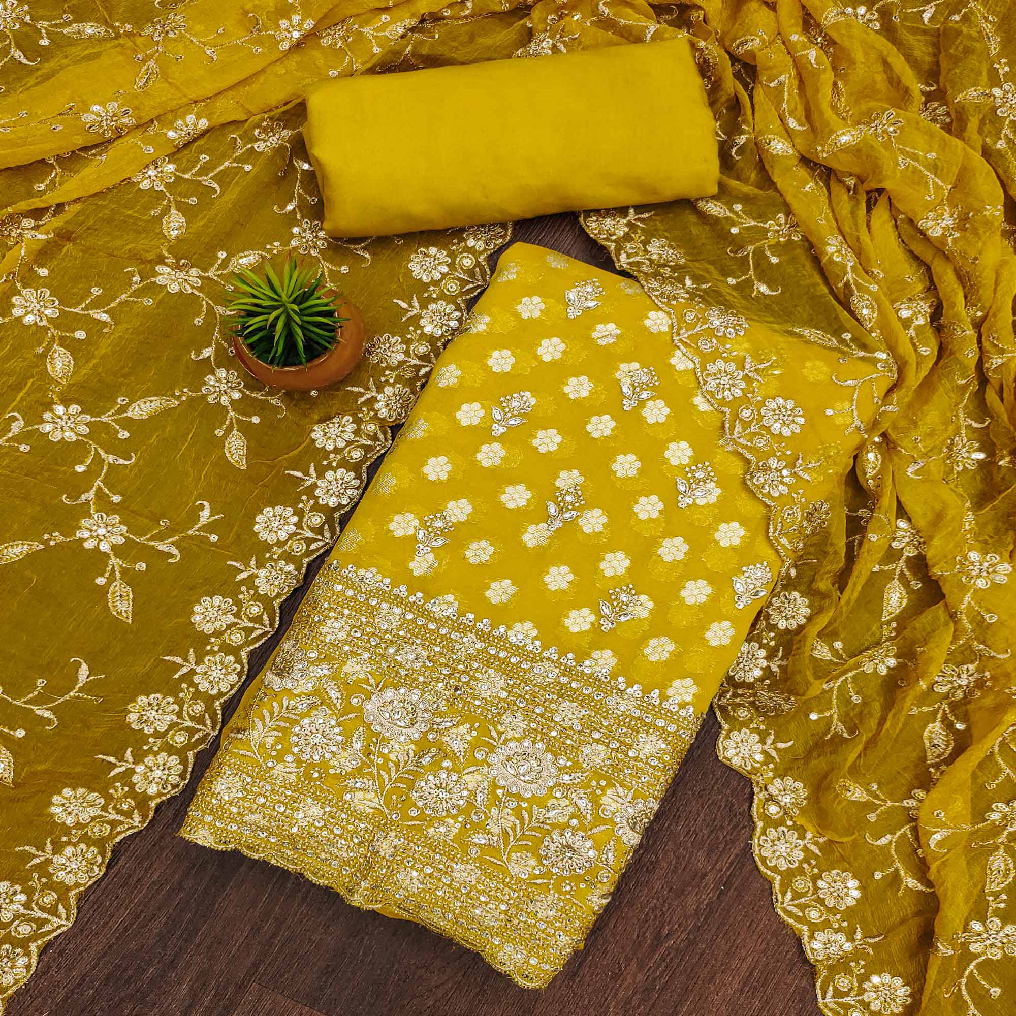 Yellow Floral Embroidered With Woven Georgette Dress Material