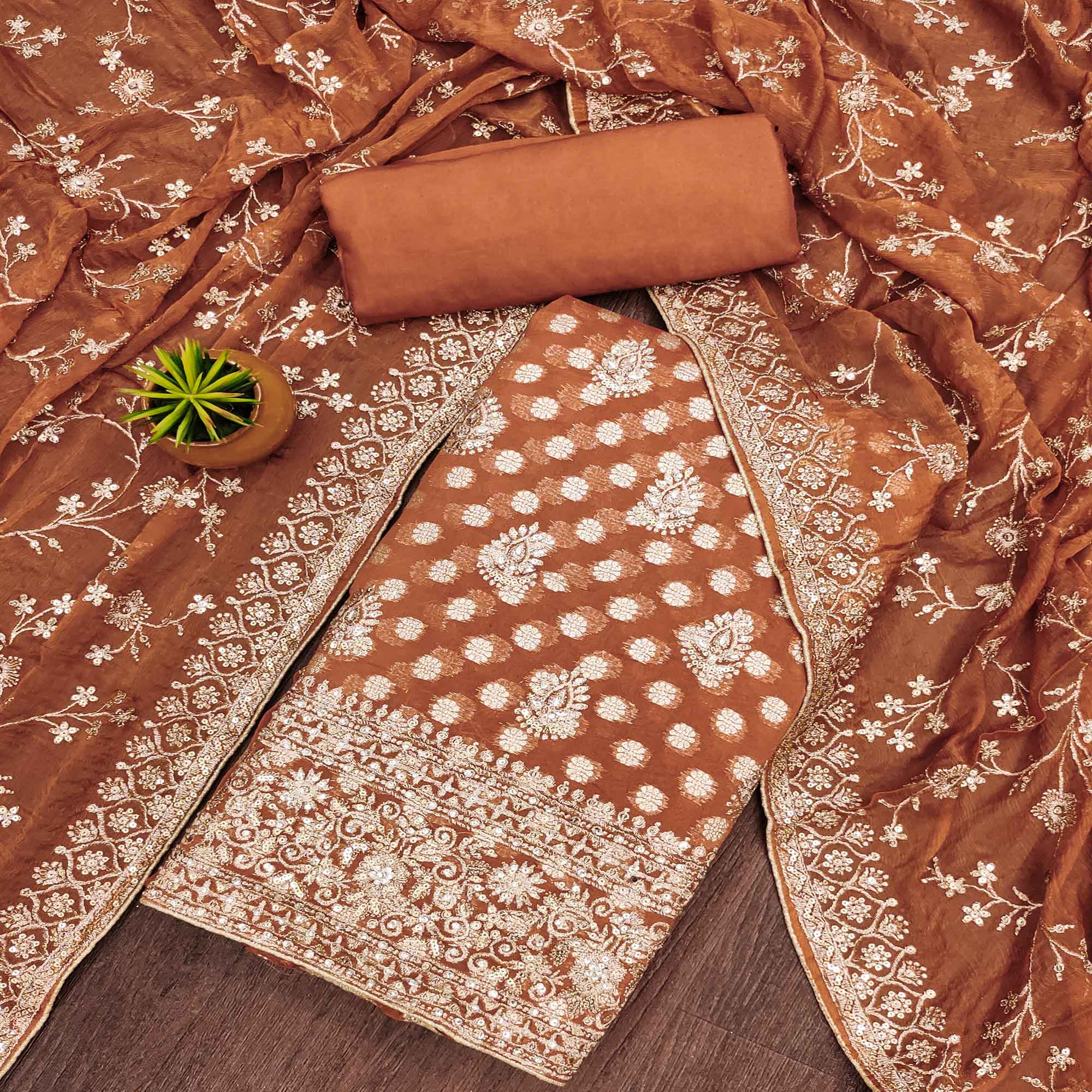 Rust Floral Embroidered With Woven Georgette Dress Material