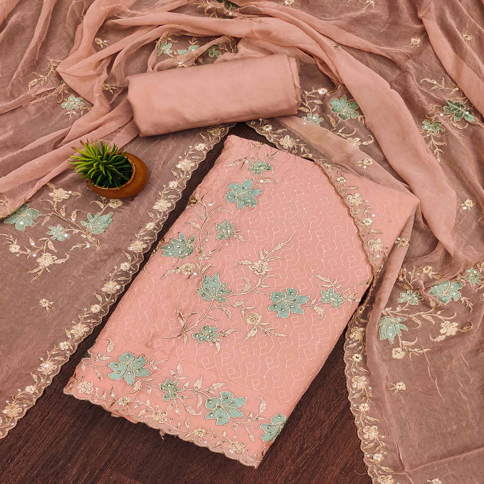 Peach Floral Embroidered Organza Dress Material