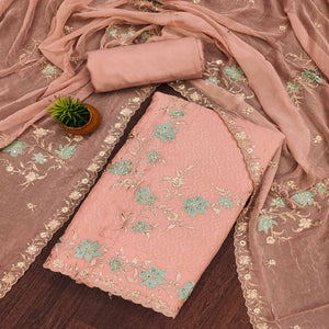 Peach Floral Embroidered Organza Dress Material