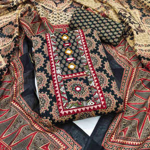 Ethnic Black Floral Printed Pure Cotton Dress Material Accented With Fine Neck Embroidery Work