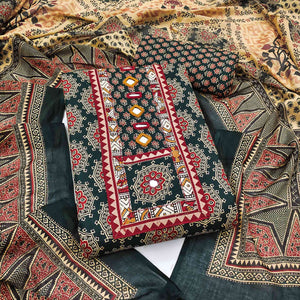 Ethnic Green Floral Printed Pure Cotton Dress Material Accented With Fine Neck Embroidery Work