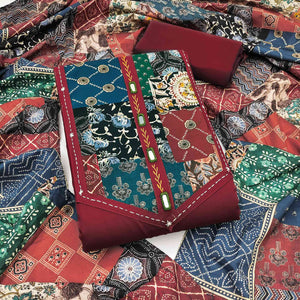 Ethnic Maroon Solid With Printed Pure Cotton Dress Material With Neck Embroidery Work