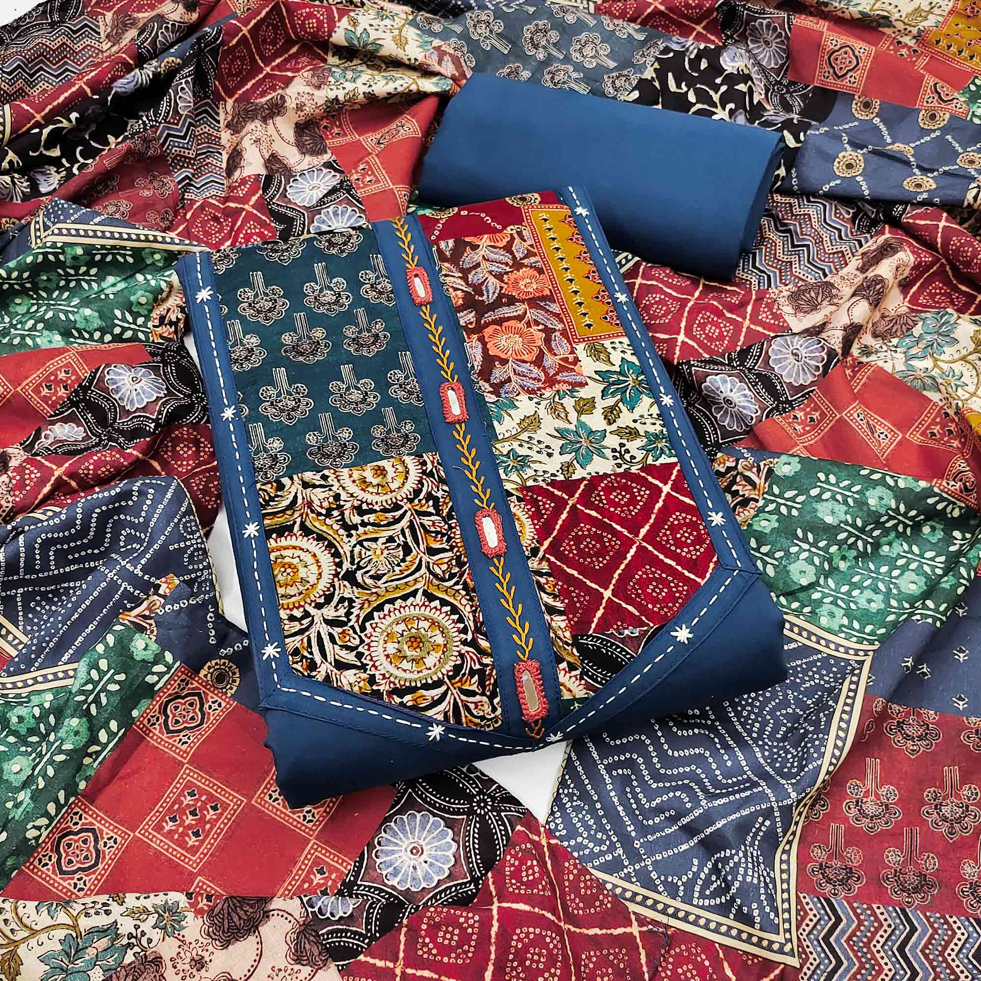 Ethnic Navy Blue Solid With Printed Pure Cotton Dress Material With Neck Embroidery Work