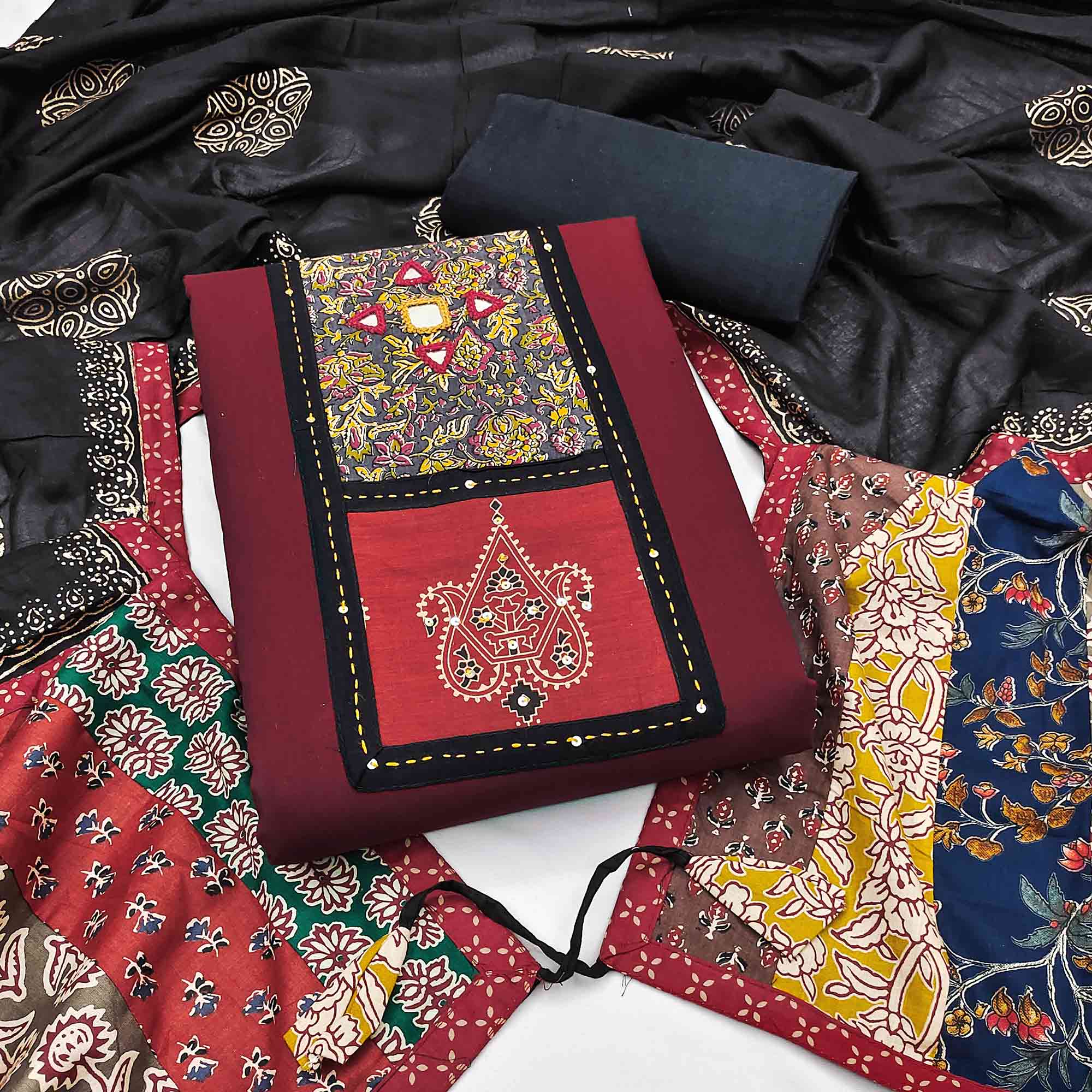 Trendy Maroon Solid With Printed Pure Cotton Dress Material With Neck Sequins Embroidery Work