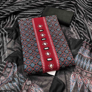 Premium Black Floral Printed Pure Cotton Dress Material With Delicate Neck Embellishments