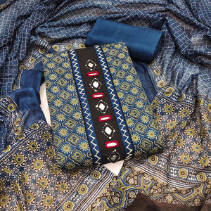 Premium Blue Floral Printed Pure Cotton Dress Material With Delicate Neck Embellishments