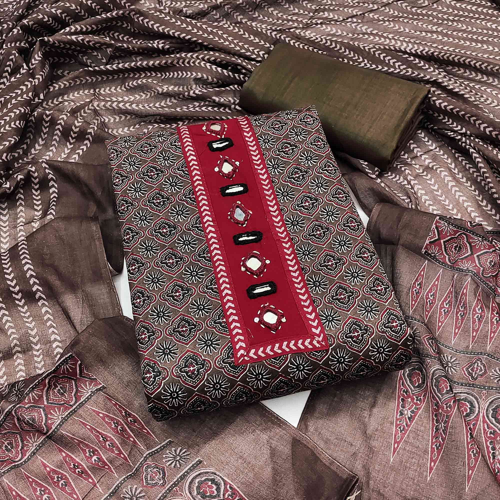 Premium Brown Floral Printed Pure Cotton Dress Material With Delicate Neck Embellishments