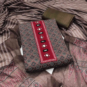 Premium Brown Floral Printed Pure Cotton Dress Material With Delicate Neck Embellishments