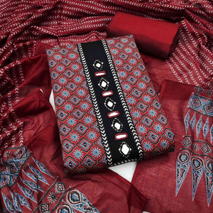 Premium Maroon Floral Printed Pure Cotton Dress Material With Delicate Neck Embellishments