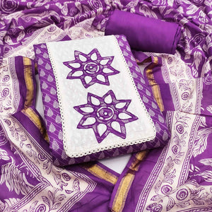 Purple Leaf & Striped Printed Pure Cotton Dress Material Accented With Floral Embroidered Neckline