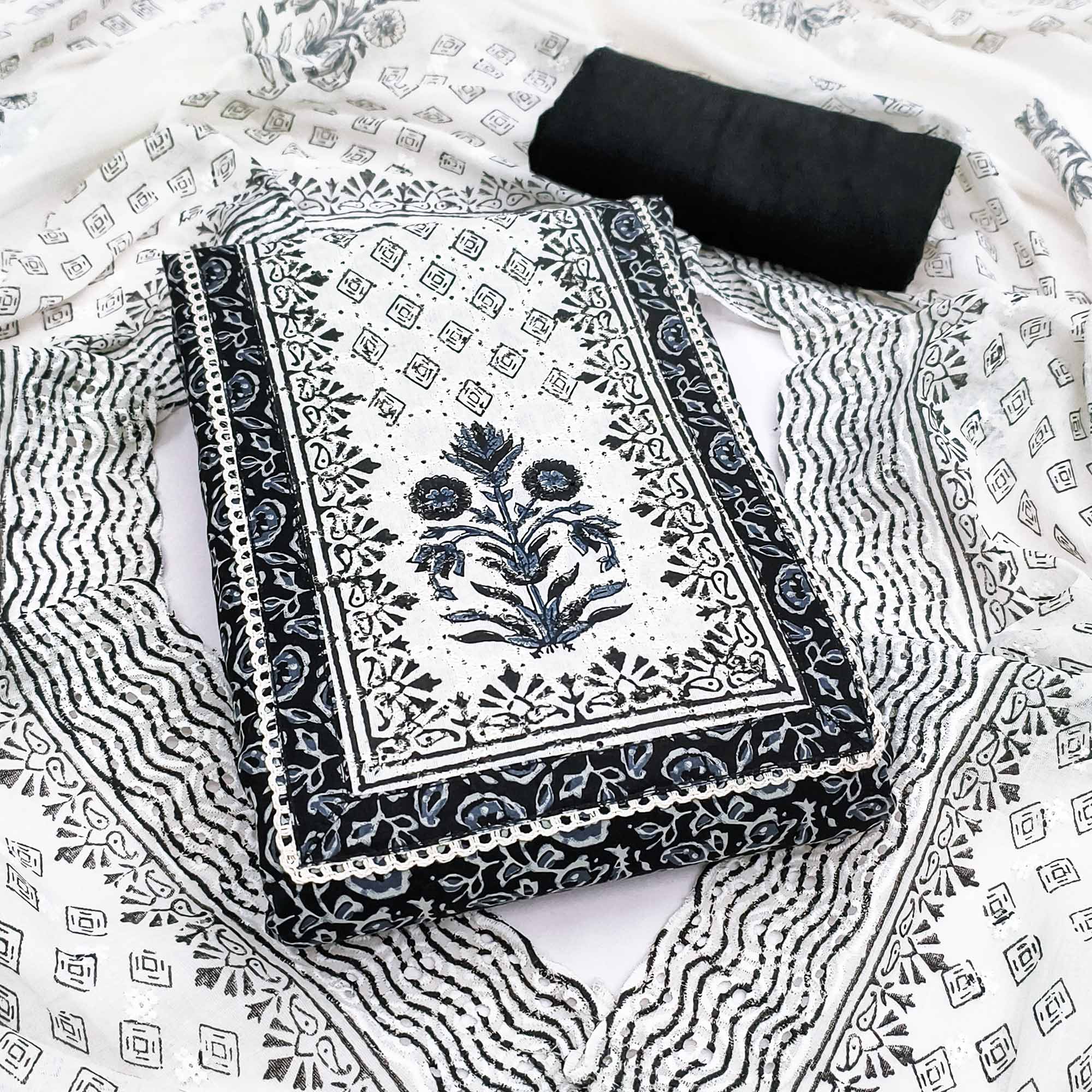 Refined Black Floral Printed Pure Cotton Dress Material With A Clean Contemporary Look