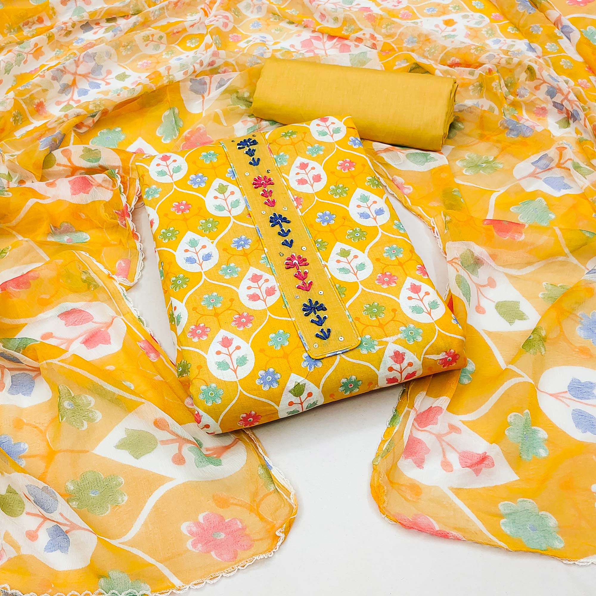 Yellow Floral Printed Pure Cotton Dress Material