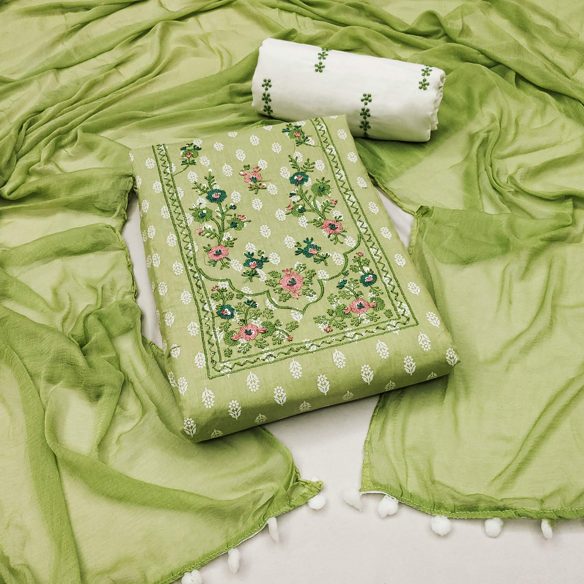 Green Floral Printed Pure Cotton Dress Material