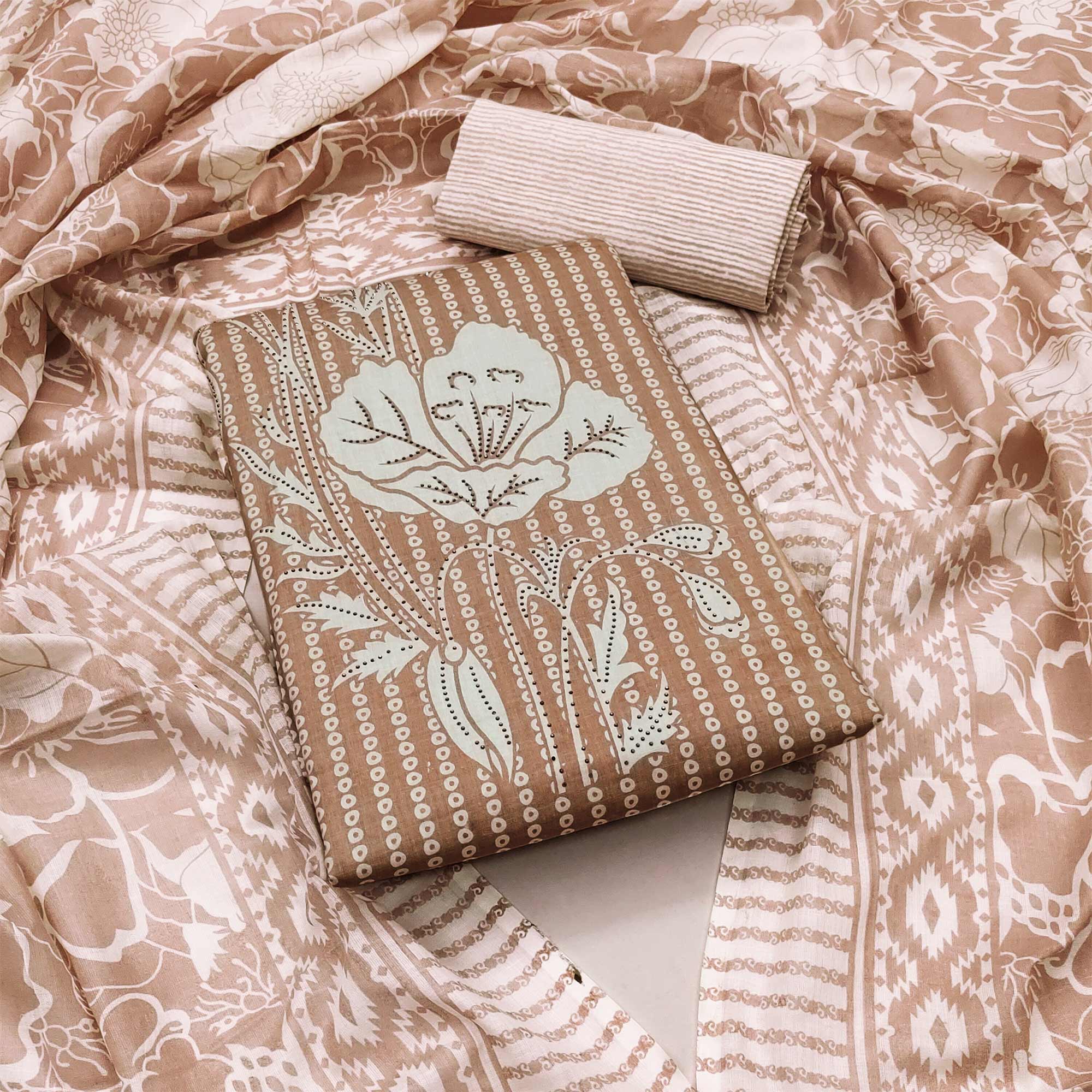 Beige Floral Printed With Yoke Embroidered Pure Cotton Dress Material