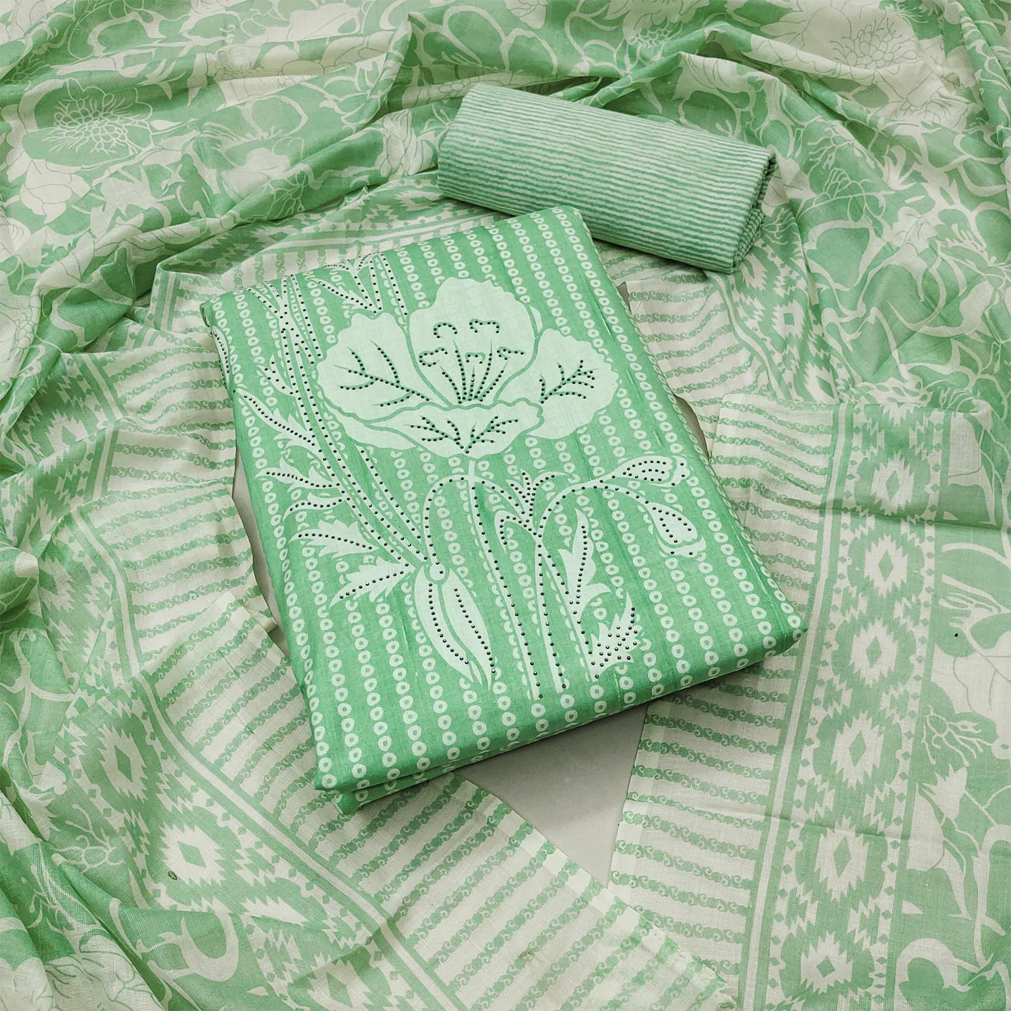 Green Floral Printed With Yoke Embroidered Pure Cotton Dress Material