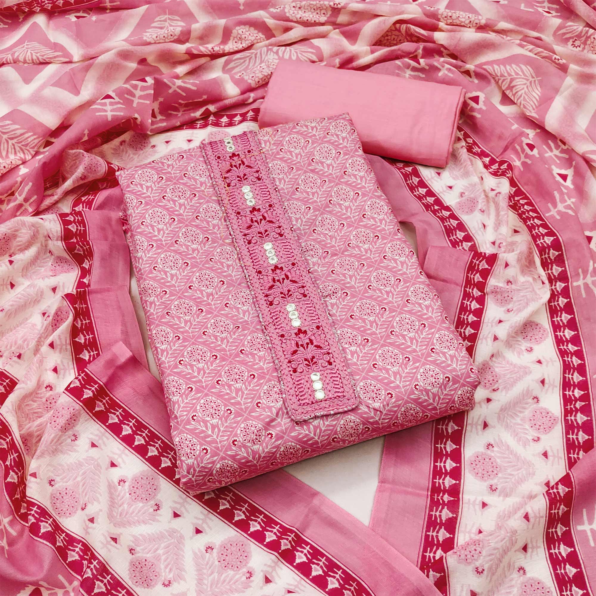Pink Floral Printed With Yoke Embroidered Pure Cotton Dress Material