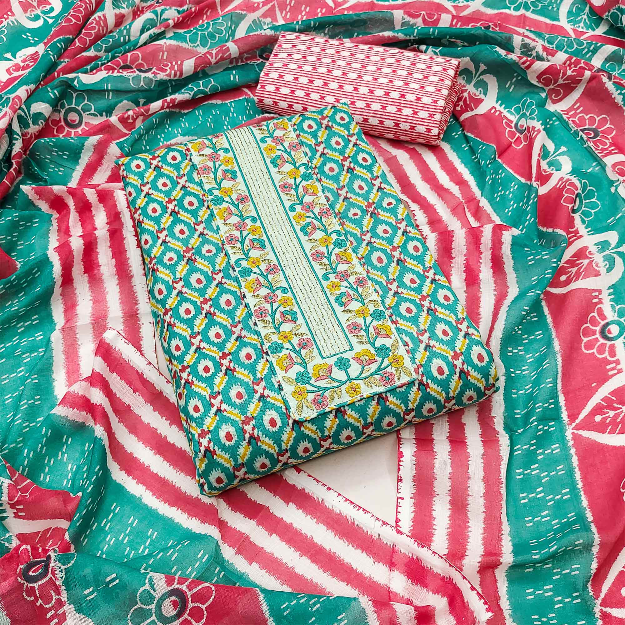 Turquoise Printed With Yoke Embroidered Pure Cotton Dress Material