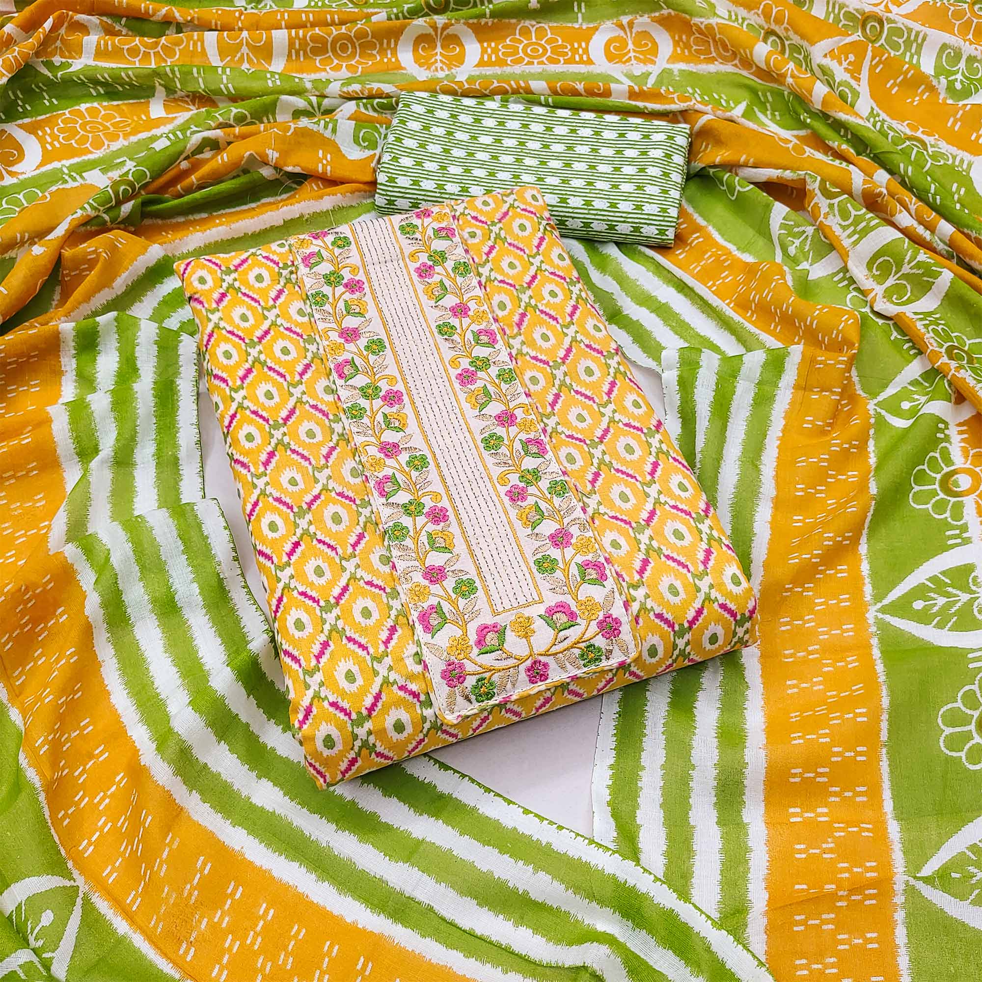 Yellow Printed With Yoke Embroidered Pure Cotton Dress Material