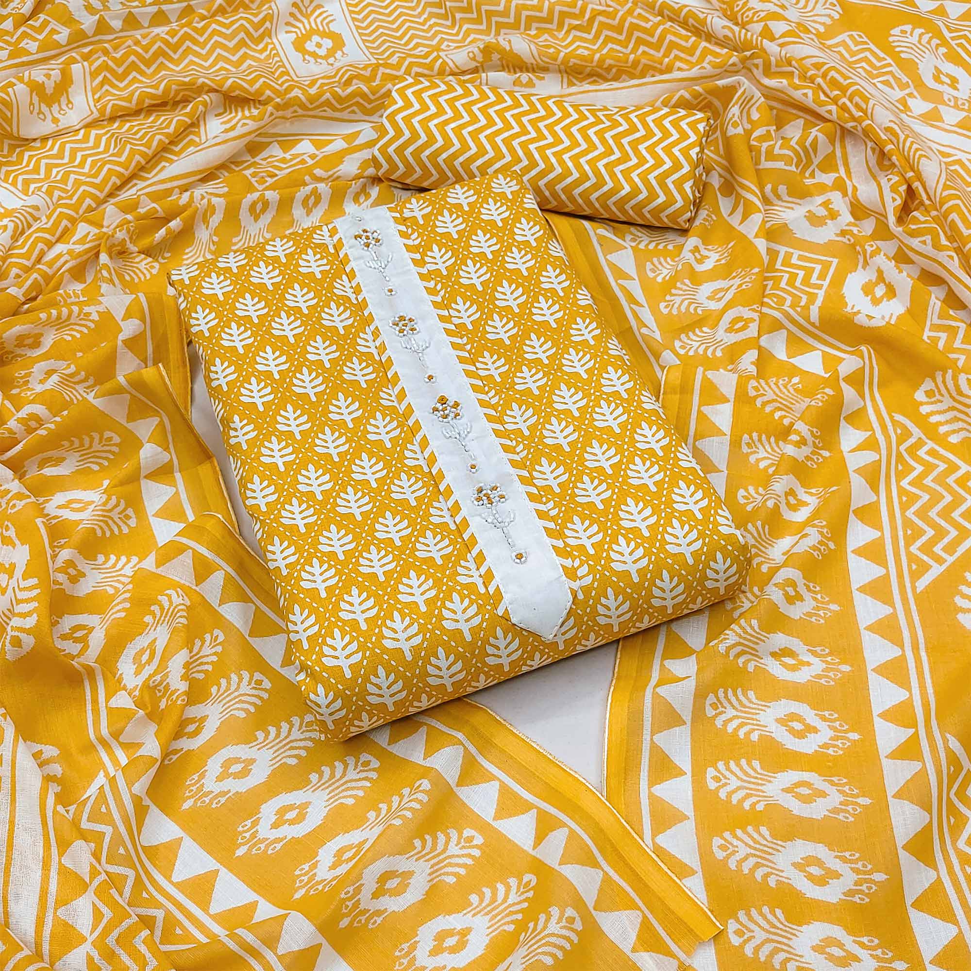 Mustard Floral Printed With Yoke Embroidered Pure Cotton Dress Material